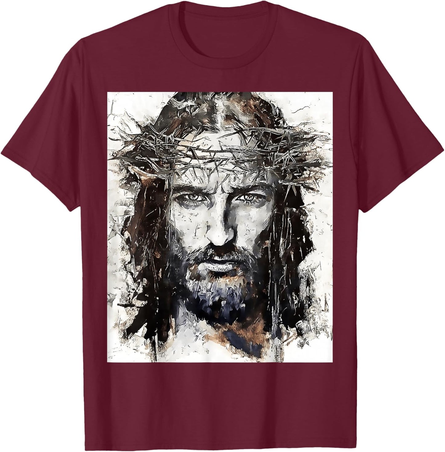 Vintage Art Face Of Jesus On A Cross With Crown Of Thorns T-Shirt - T-Shirt | Maroon