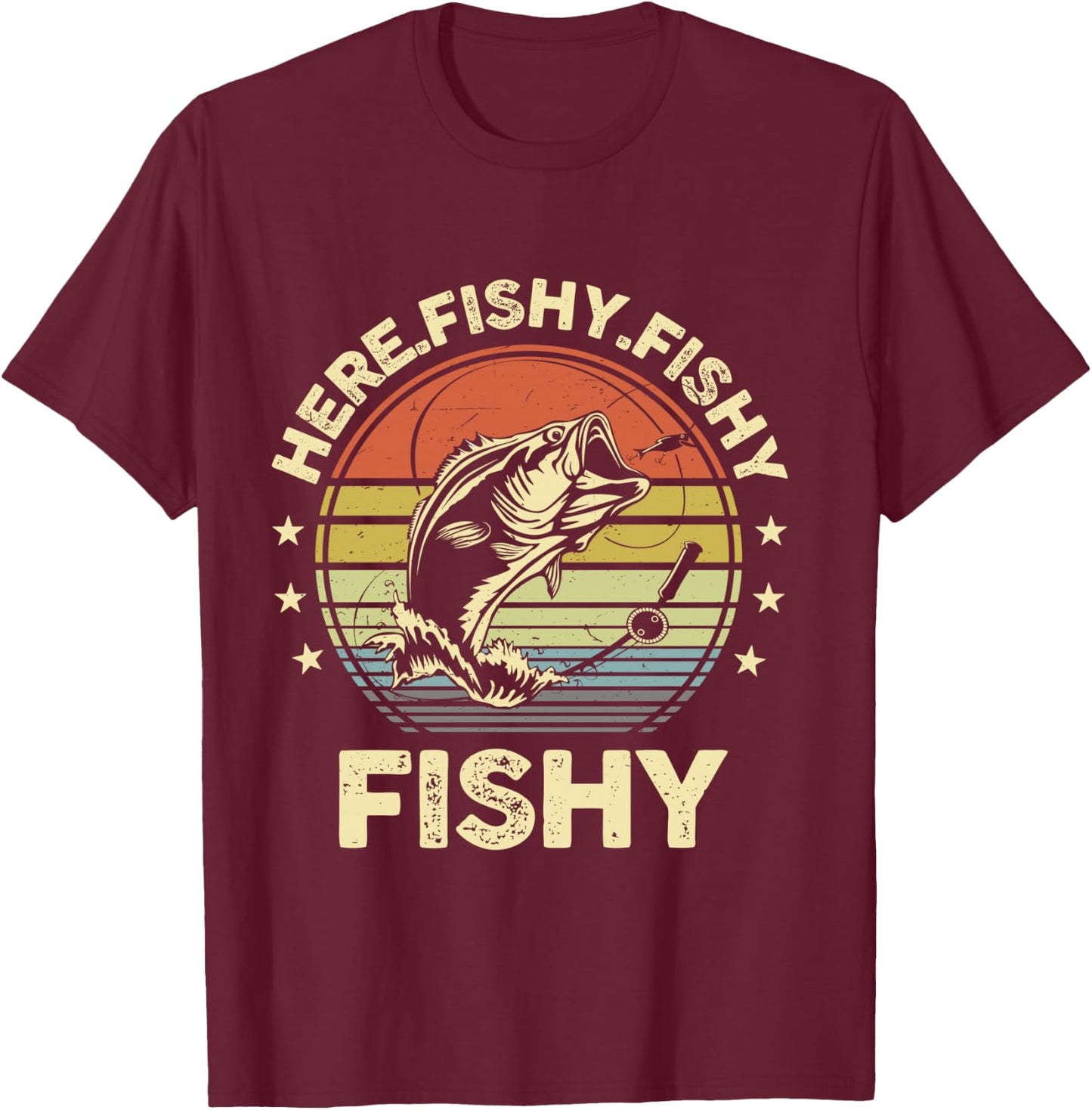 Fishing Here-Fishy Bass Fish Funny Dad Graphic T-Shirt - T-Shirt | Maroon