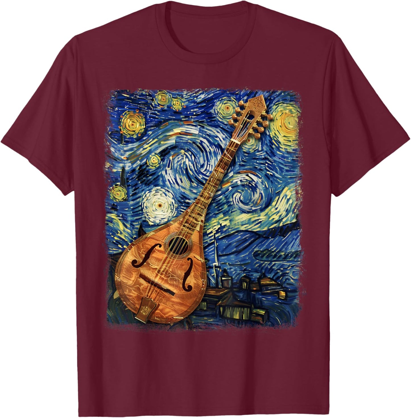 Mandolin Mandolinist Instrument Starry Night Painting T-Shirt - T-Shirt | Maroon