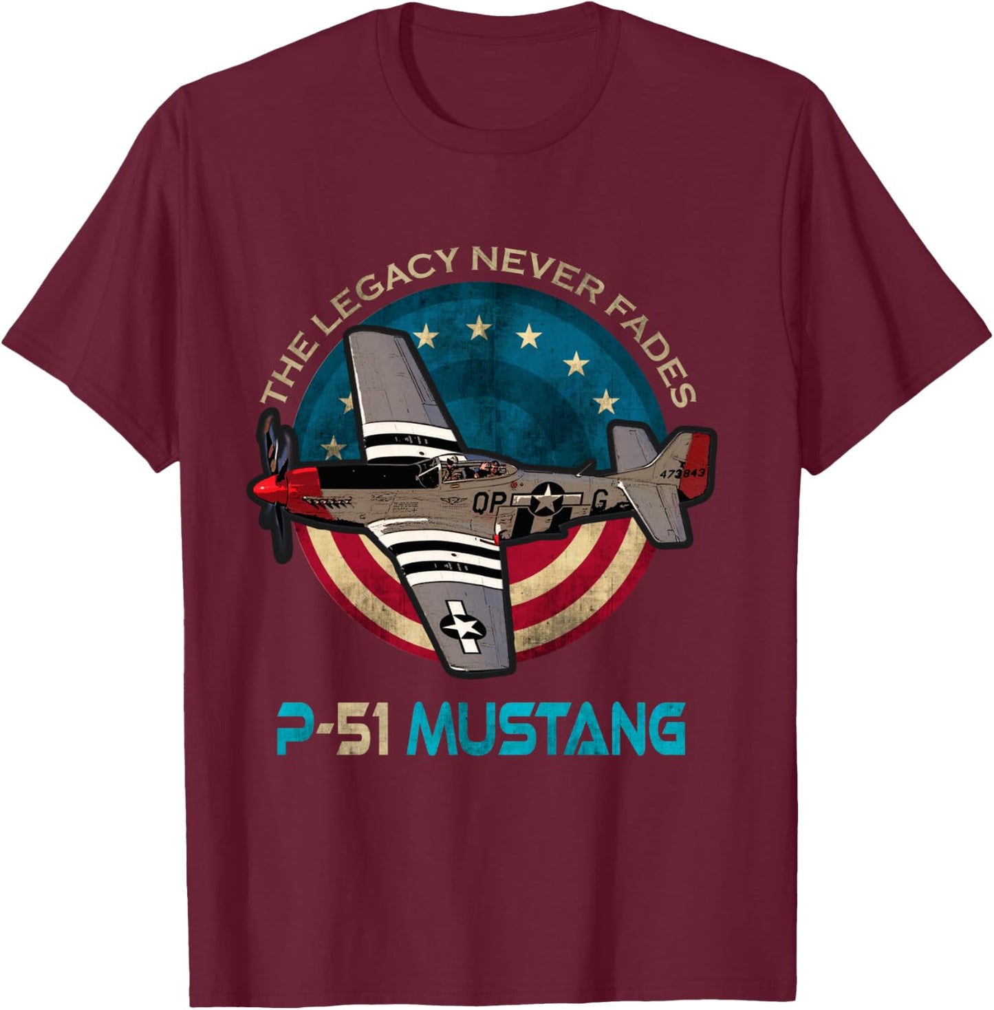 P-51 Mustang American WW2 Fighter Airplane Vintage USA Flag T-Shirt - T-Shirt | Maroon