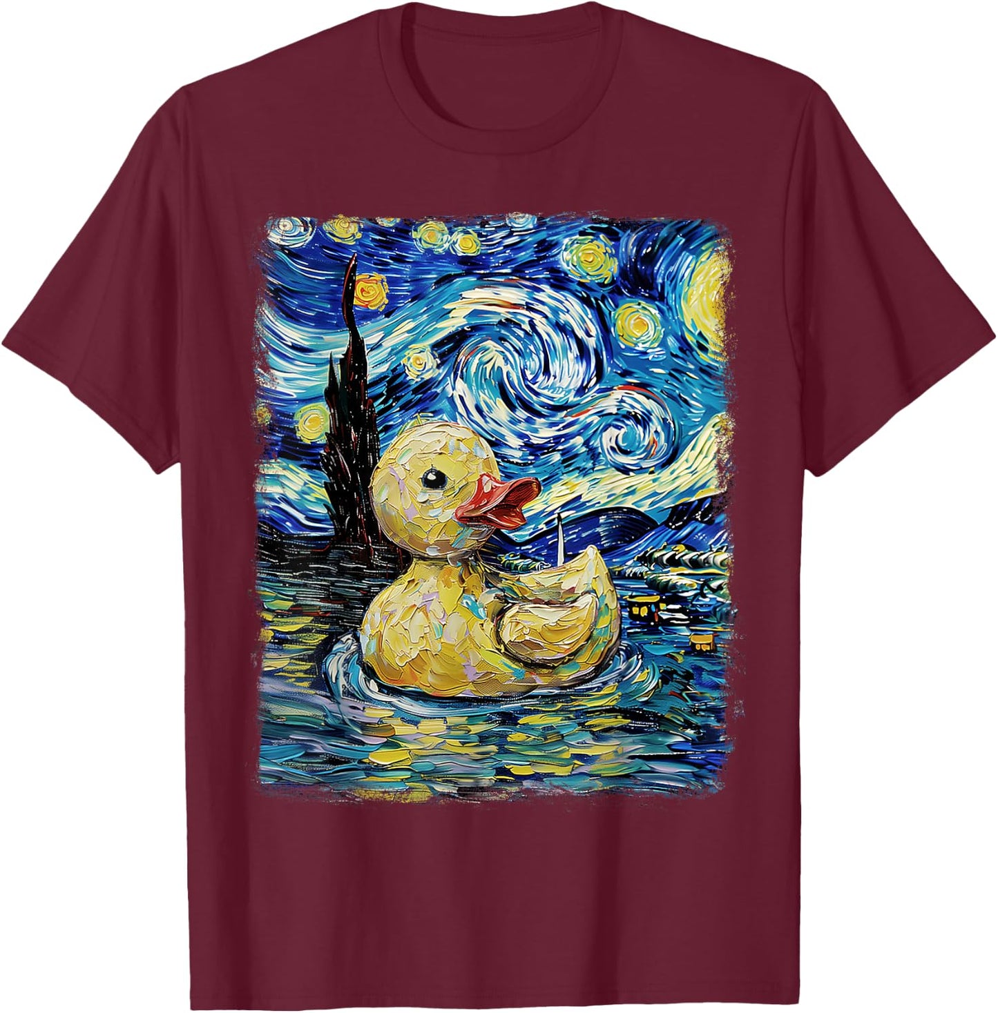 Rubber Duck Ducky Starry Night Painting T-Shirt - T-Shirt | Maroon