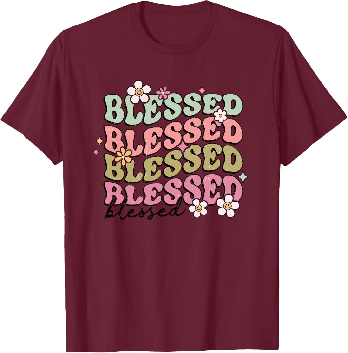 Retro Boho Blessed Religious Jesus Bible Graphic Christian T-Shirt - T-Shirt | Maroon