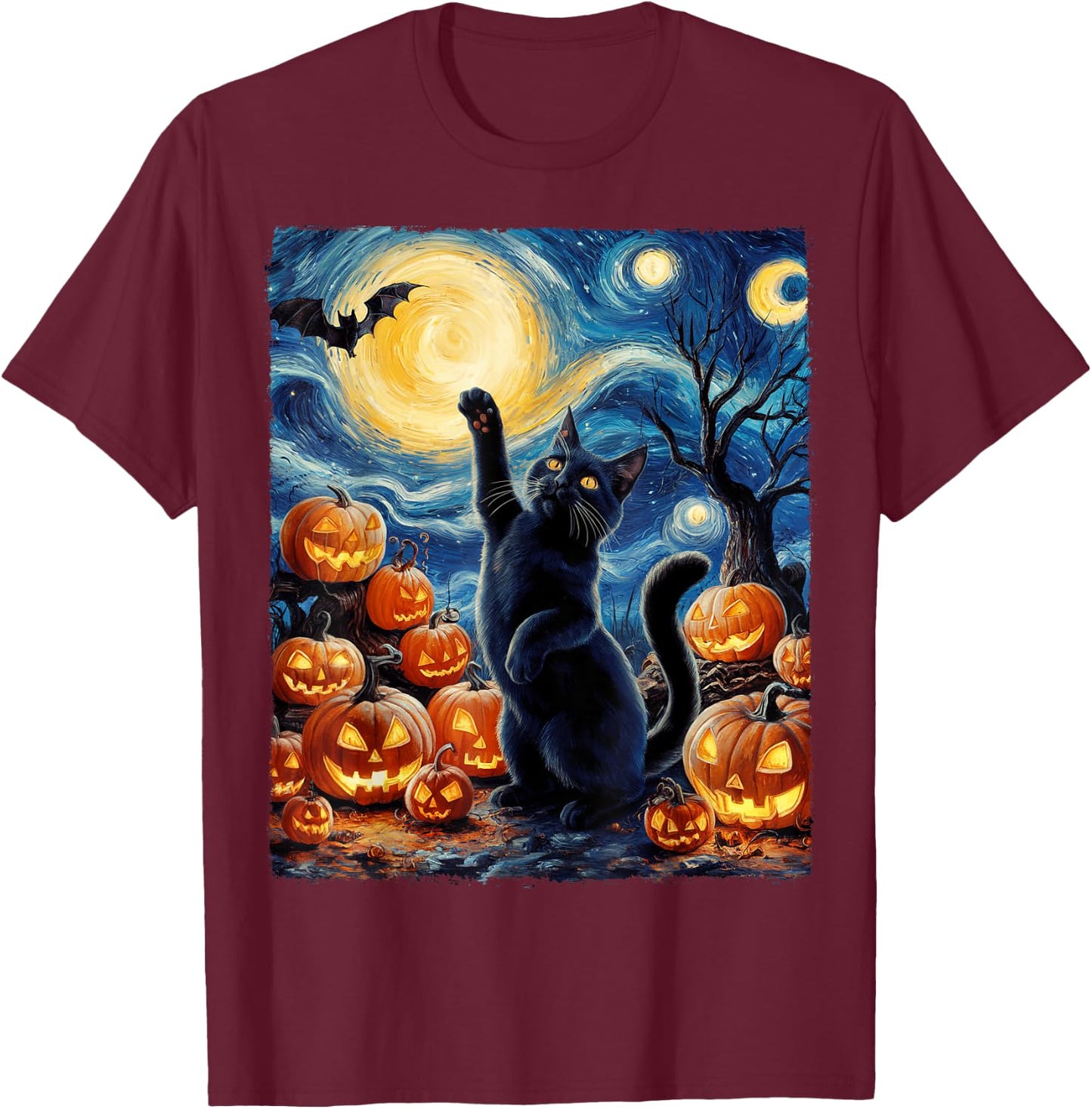 Halloween Cat Van Gogh Starry Night Pumpkin Gifts Men Women T-Shirt - T-Shirt | Maroon
