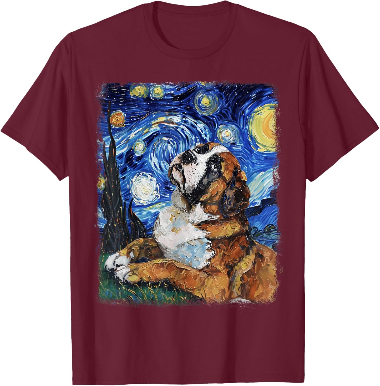 St. Bernard Dog Starry Night Painting T-Shirt - T-Shirt | Maroon