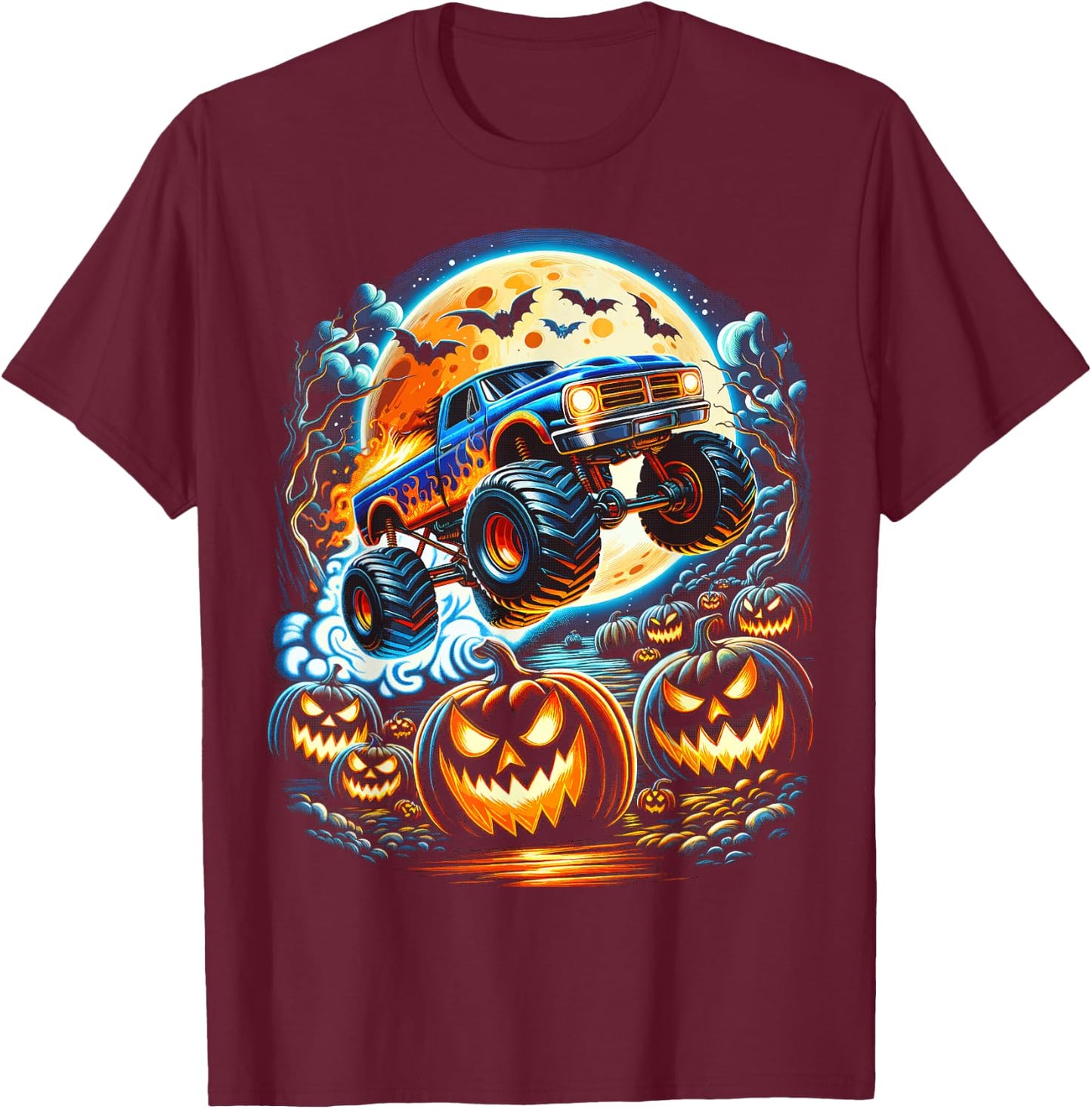 Halloween Monster Truck Jack O Lantern Boy Trick Treat T-Shirt - T-Shirt | Maroon