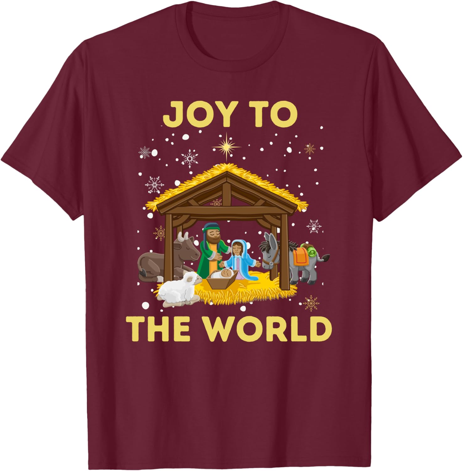 Christmas Nativity Christian Birth Of Jesus Joy To The World T-Shirt - T-Shirt | Maroon