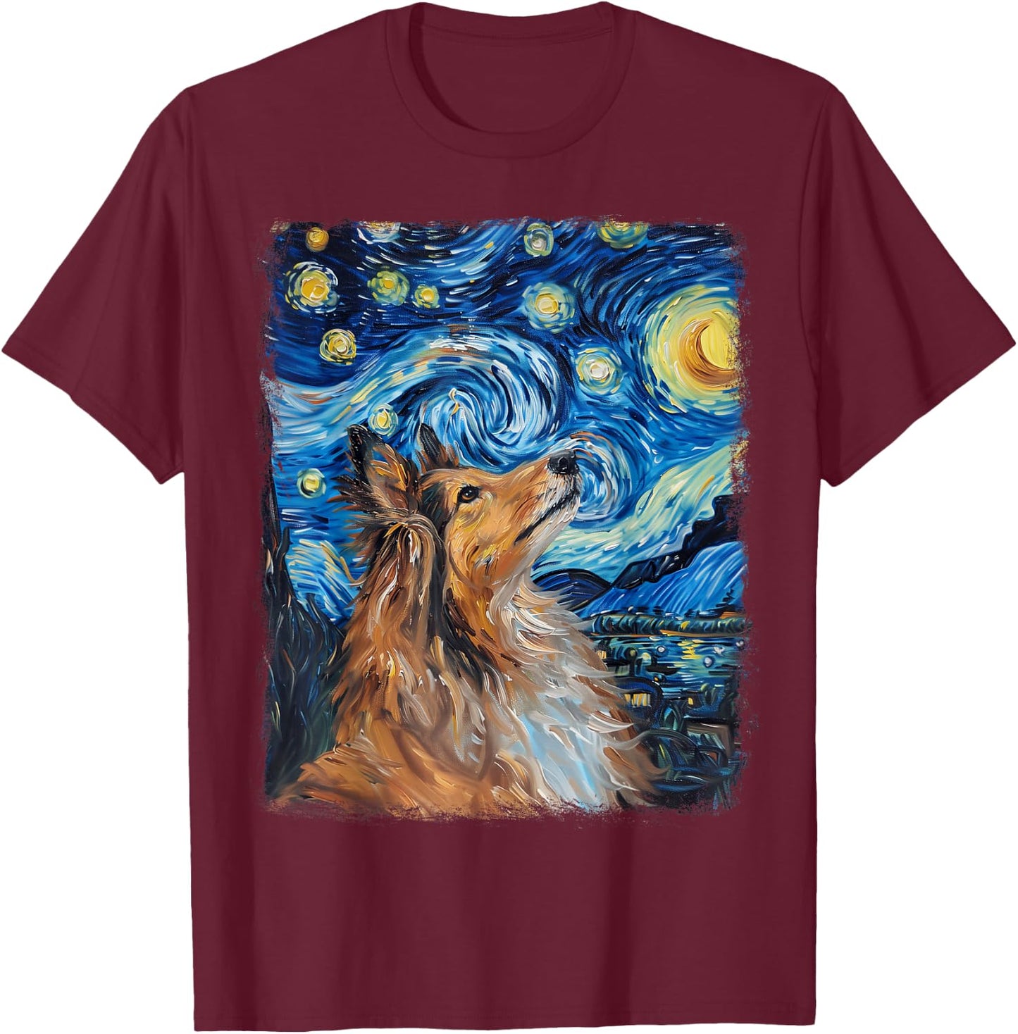 Shetland Sheepdogs Dog Starry Night Painting T-Shirt - T-Shirt | Maroon