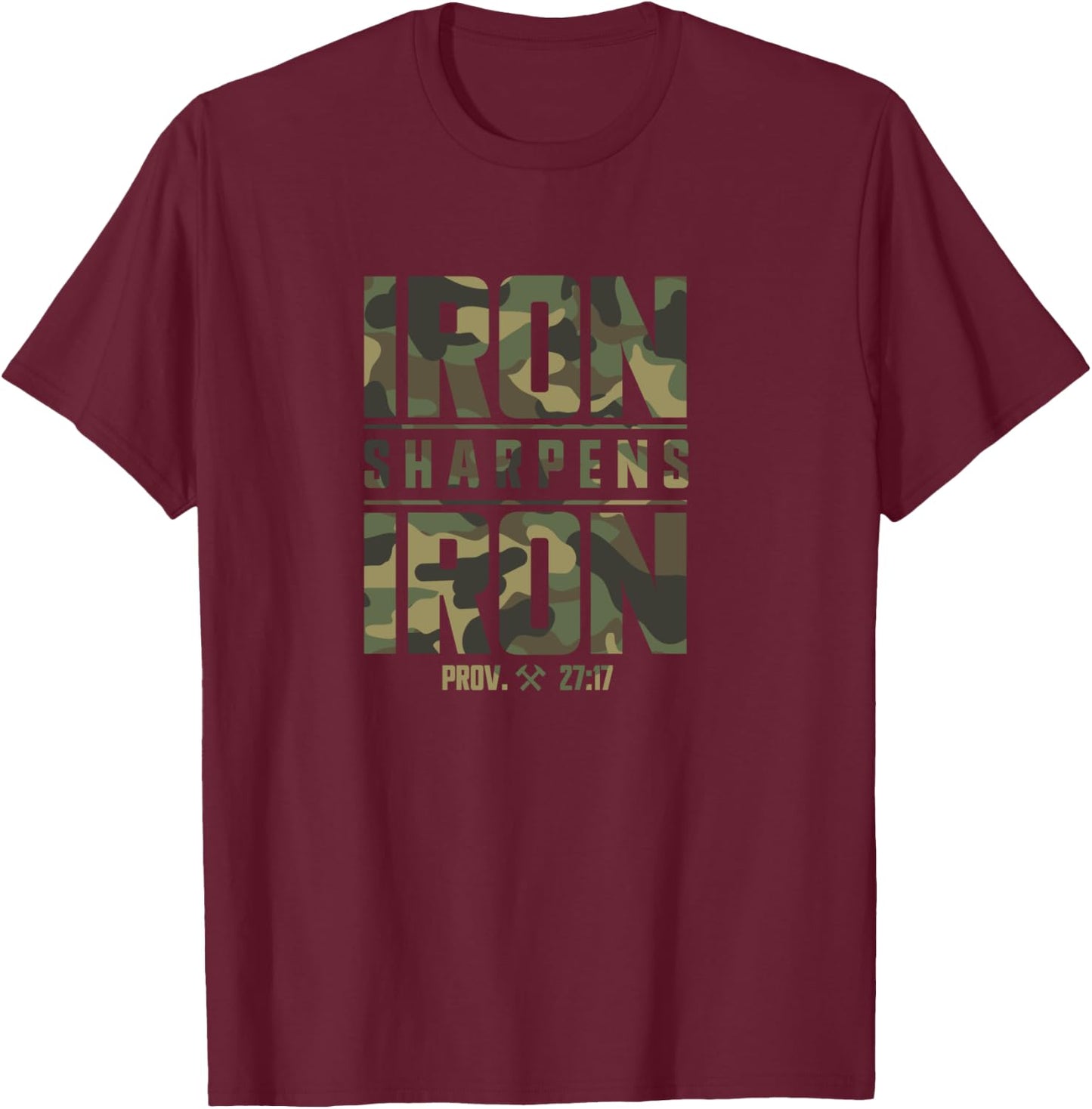 Iron Sharpens Iron Christian Men Camo Scripture Gym Workout T-Shirt - T-Shirt | Maroon