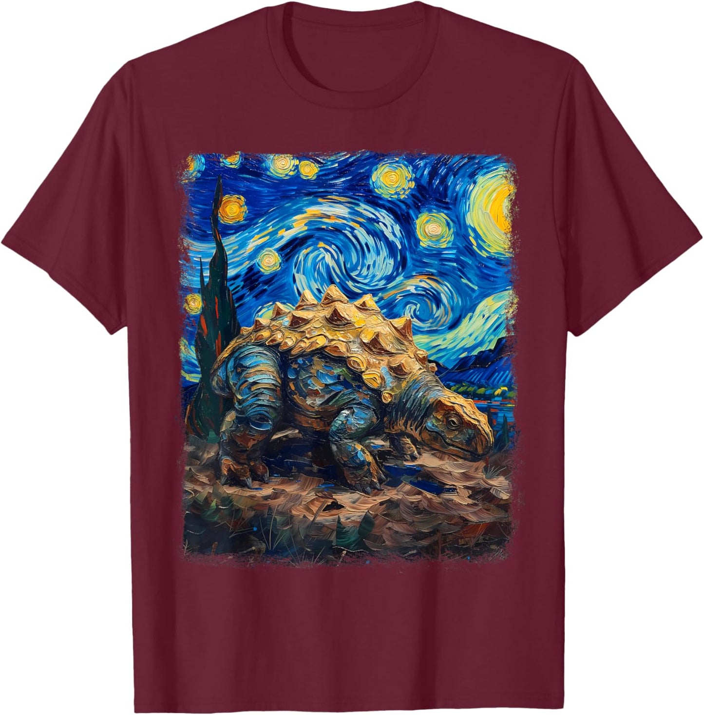 Ankylosaurus Dinosaur Starry Night Painting T-Shirt - T-Shirt | Maroon