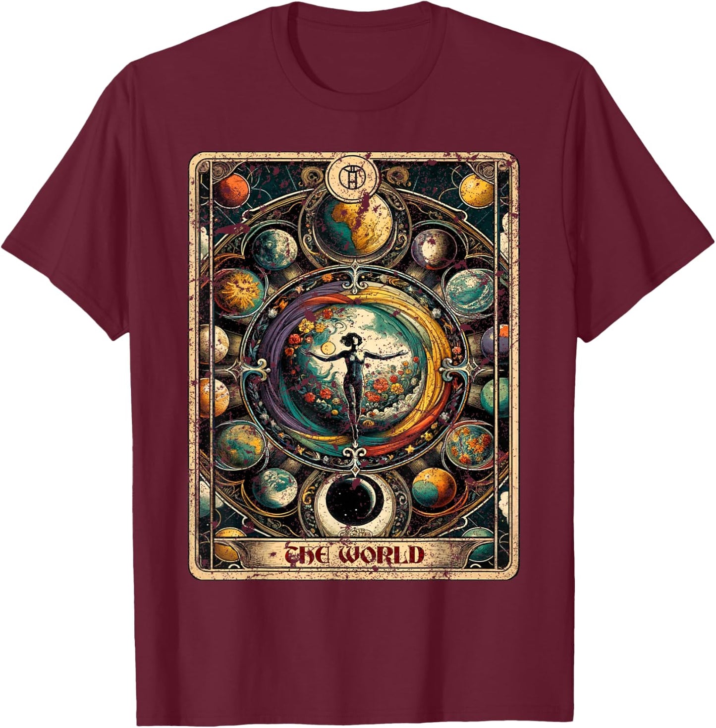 Distressed Grunge Worn Out Style The World Tarot Card T-Shirt - T-Shirt | Maroon
