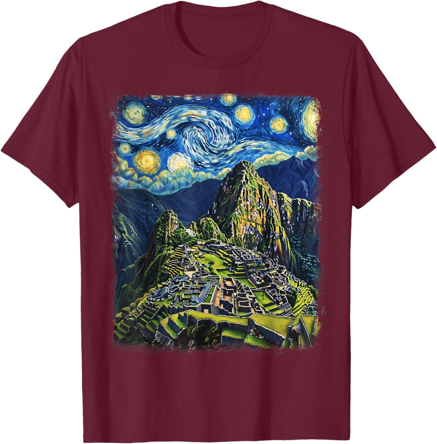 Machu Picchu Peru Inca Starry Night Painting T-Shirt - T-Shirt | Maroon