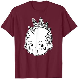 Kewpie Baby Punk Rocker Mohawk Blackwork T-Shirt - T-Shirt | Maroon