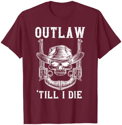 Outlaw Until I Die Bandit Skull Revolver Western Distressed T-Shirt - T-Shirt | Maroon