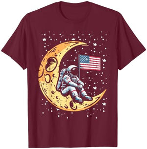 Astronaut Crescent Moon US Flag Space Patriot Men Women Kids T-Shirt - T-Shirt | Maroon