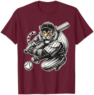 Funny Tiger Playing Baseball Cute Baseball T-Shirt - T-Shirt | Maroon