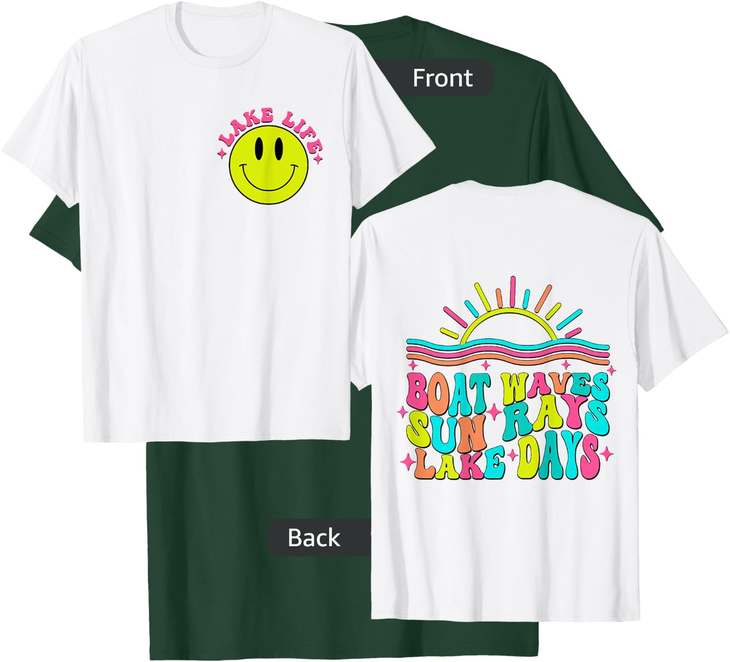 Boat Waves Sun Rays Lake Days Retro Summer vacation on Back T-Shirt - T-Shirt | Forest