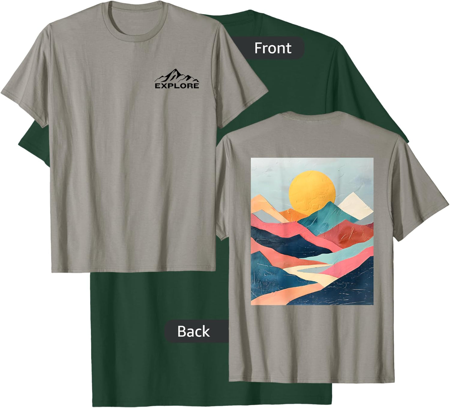 Explore - Mountain Design on Back - Abstract Pastel Colors T-Shirt - T-Shirt | Forest