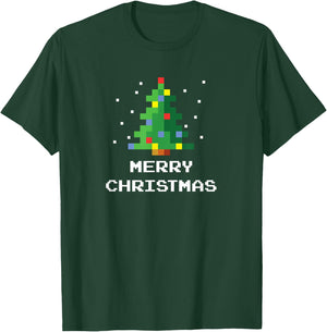 Merry Christmas Pixel Art 8-Bit Video Game Christmas Tree T-Shirt - T-Shirt | Forest