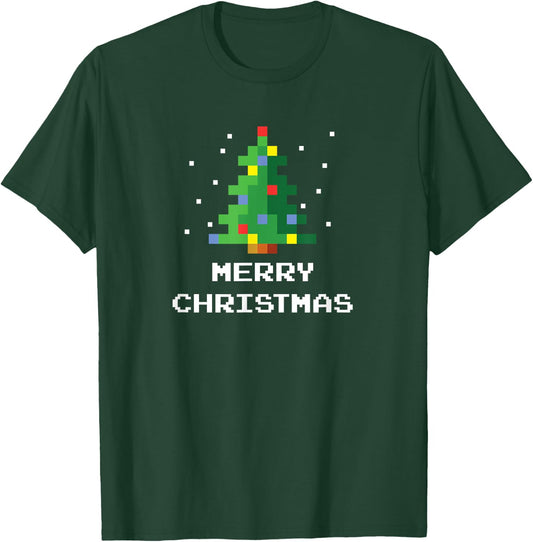 Merry Christmas Pixel Art 8-Bit Video Game Christmas Tree T-Shirt - T-Shirt | Forest