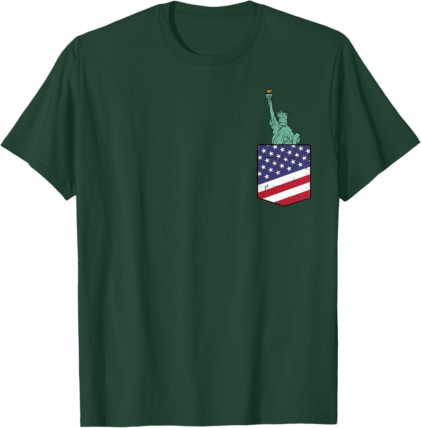 4th July Statue Of Liberty Flag Pocket Patriot Men Women Kid T-Shirt - T-Shirt | Forest