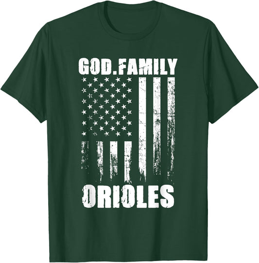 God. Family. Orioles. Vintage USA Flag T-Shirt - T-Shirt | Forest