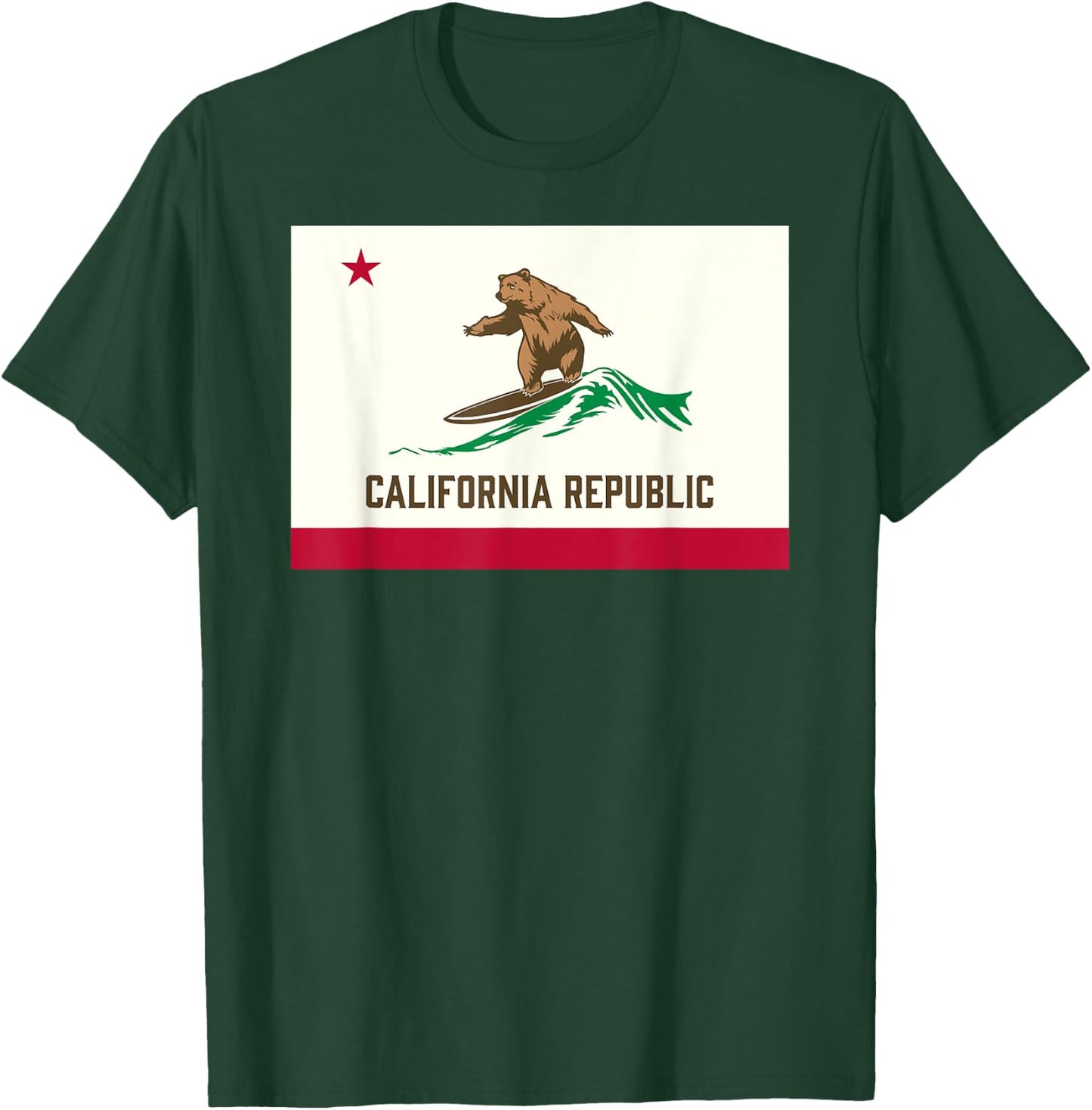 California Republic Bear Surfing-State Flag Inspired Design T-Shirt - T-Shirt | Forest