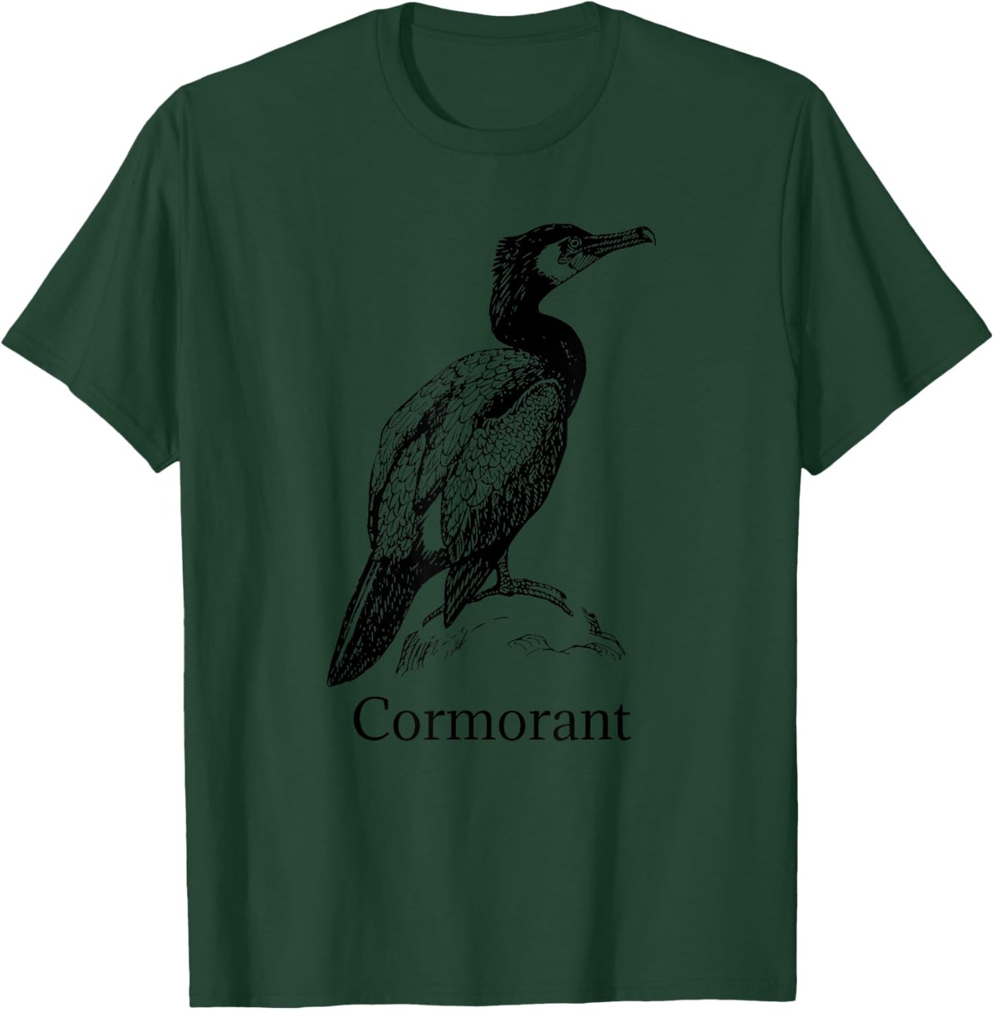 Cormorant Bird Ornithology Black Line Drawing T-Shirt - T-Shirt | Forest