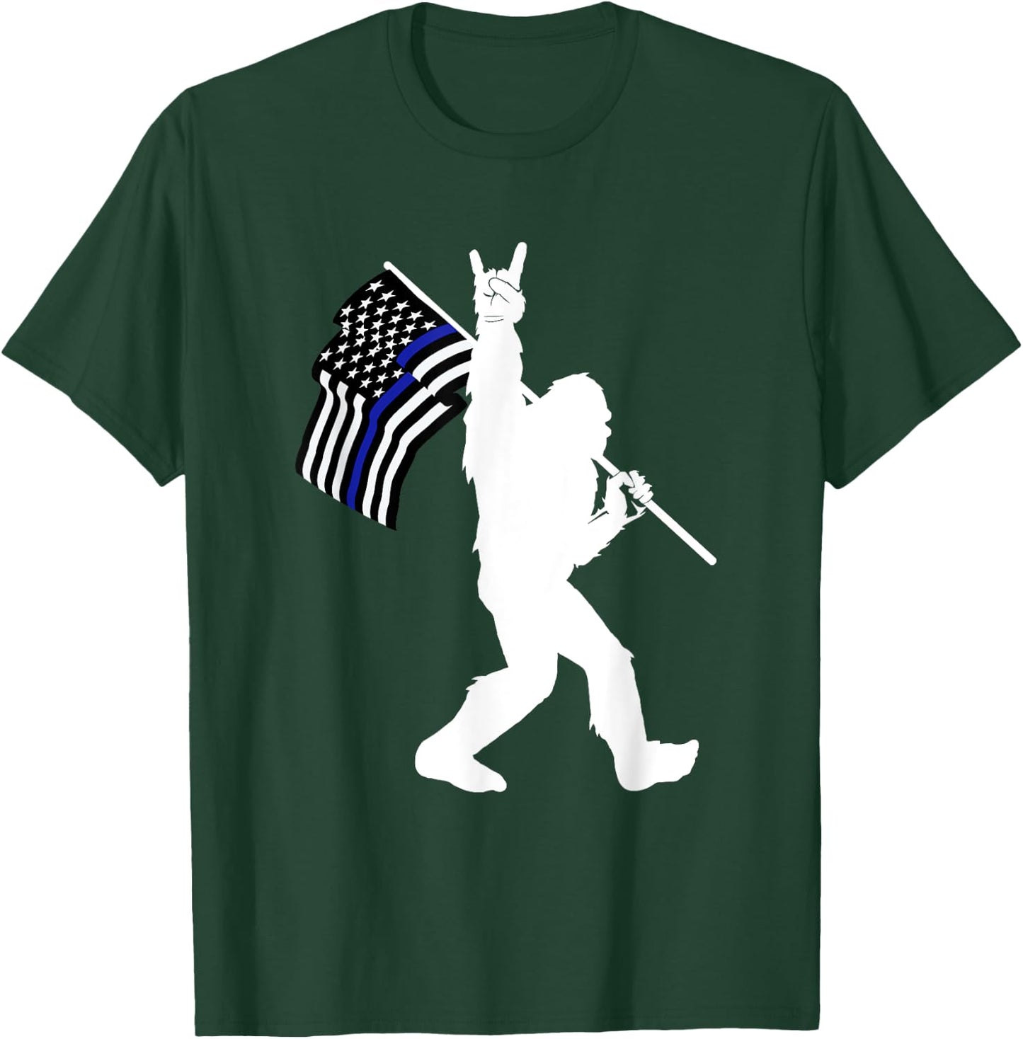 Funny Bigfoot Rock and Roll Thin Blue Line Flag for Police T-Shirt - T-Shirt | Forest