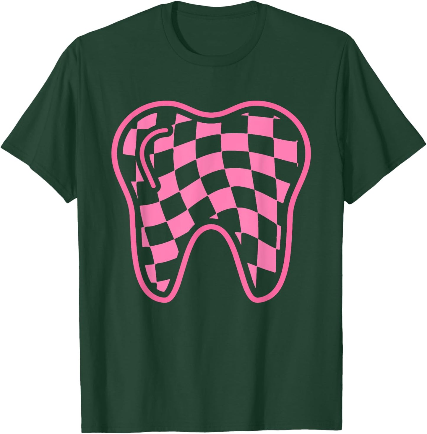 Checkerboard Tooth Dental Hygienist Squad Groovy Dentist T-Shirt - T-Shirt | Forest