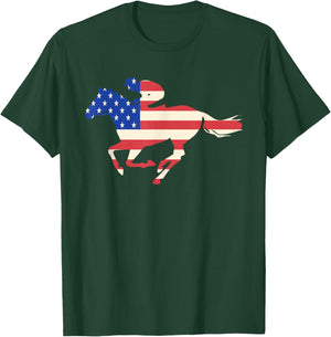 Horse Racing American Flag Equestrian Jockey Gift T-Shirt - T-Shirt | Forest