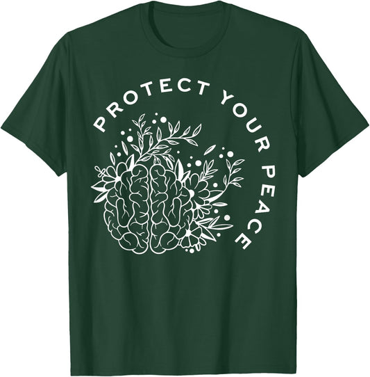 Protect Your Peace Mental Health Awareness Brain Floral T-Shirt - T-Shirt | Forest