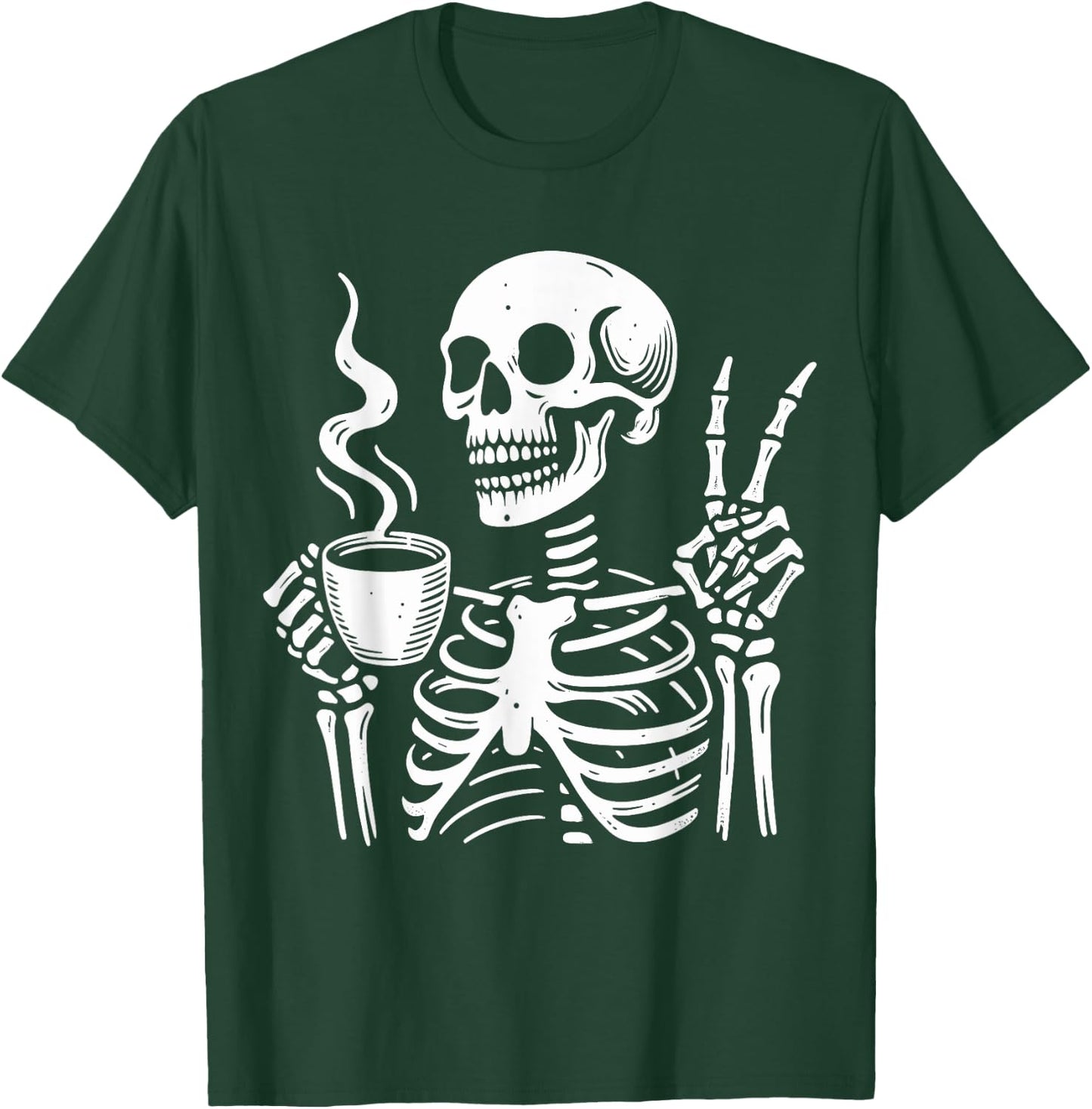 Skeleton Drinking Coffee Gothic Peace Sign Halloween Hippie T-Shirt - T-Shirt | Forest