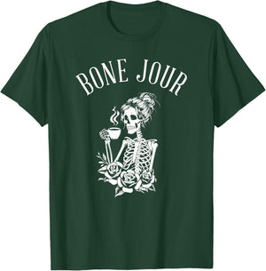 Bone Jour Skeleton Halloween Bon Jour Coffee Drinker T-Shirt - T-Shirt | Forest