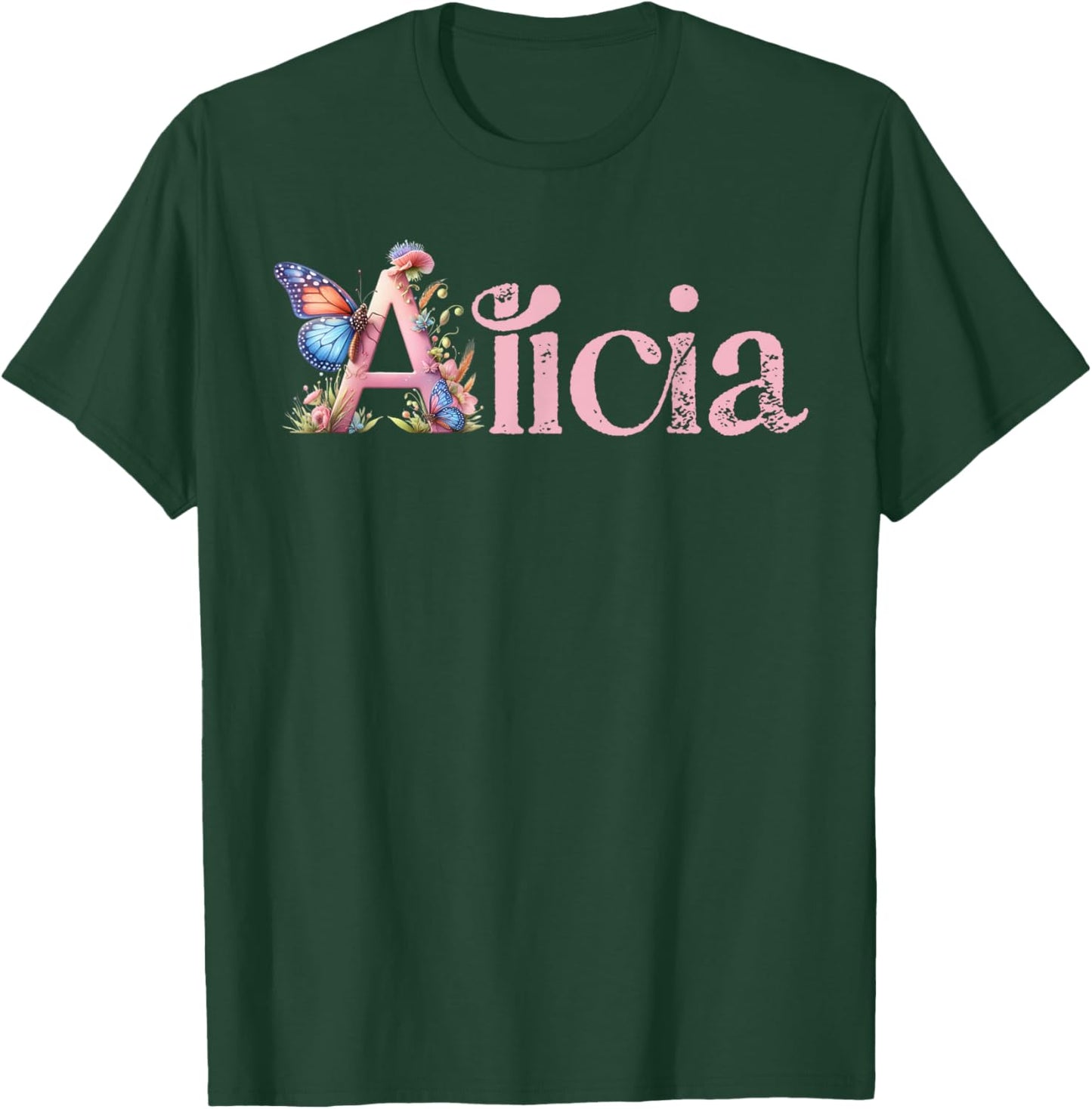 Alicia Initial A Spring Floral And Wings Name T-Shirt - T-Shirt | Forest