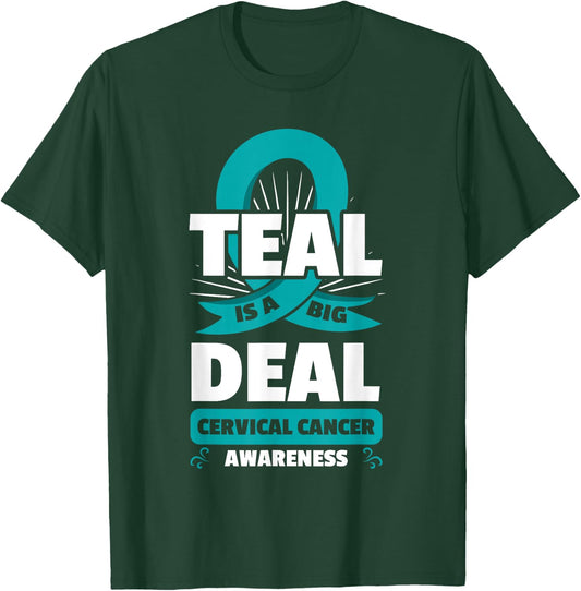 Teal Ribbon Cervical Cancer Squamous Cell Carcinomas Gift T-Shirt - T-Shirt | Forest