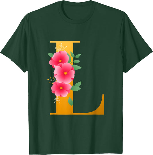 Floral L Alphabet Cute Initial Monogram Letter L Graphic T-Shirt - T-Shirt | Forest