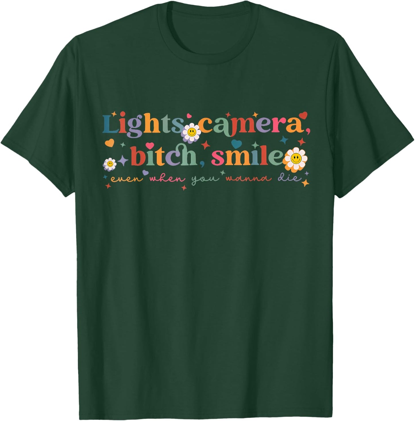 Funny Lights Camera Bit-Ch Smile Retro Girls Women T-Shirt - T-Shirt | Forest