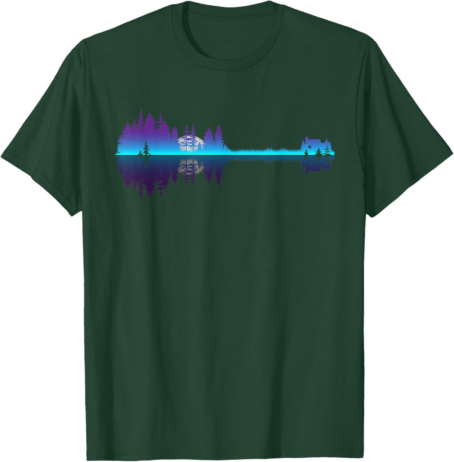 Musician Guitar Shaped Trees Lake Reflection of Cabin Moon T-Shirt - T-Shirt | Forest