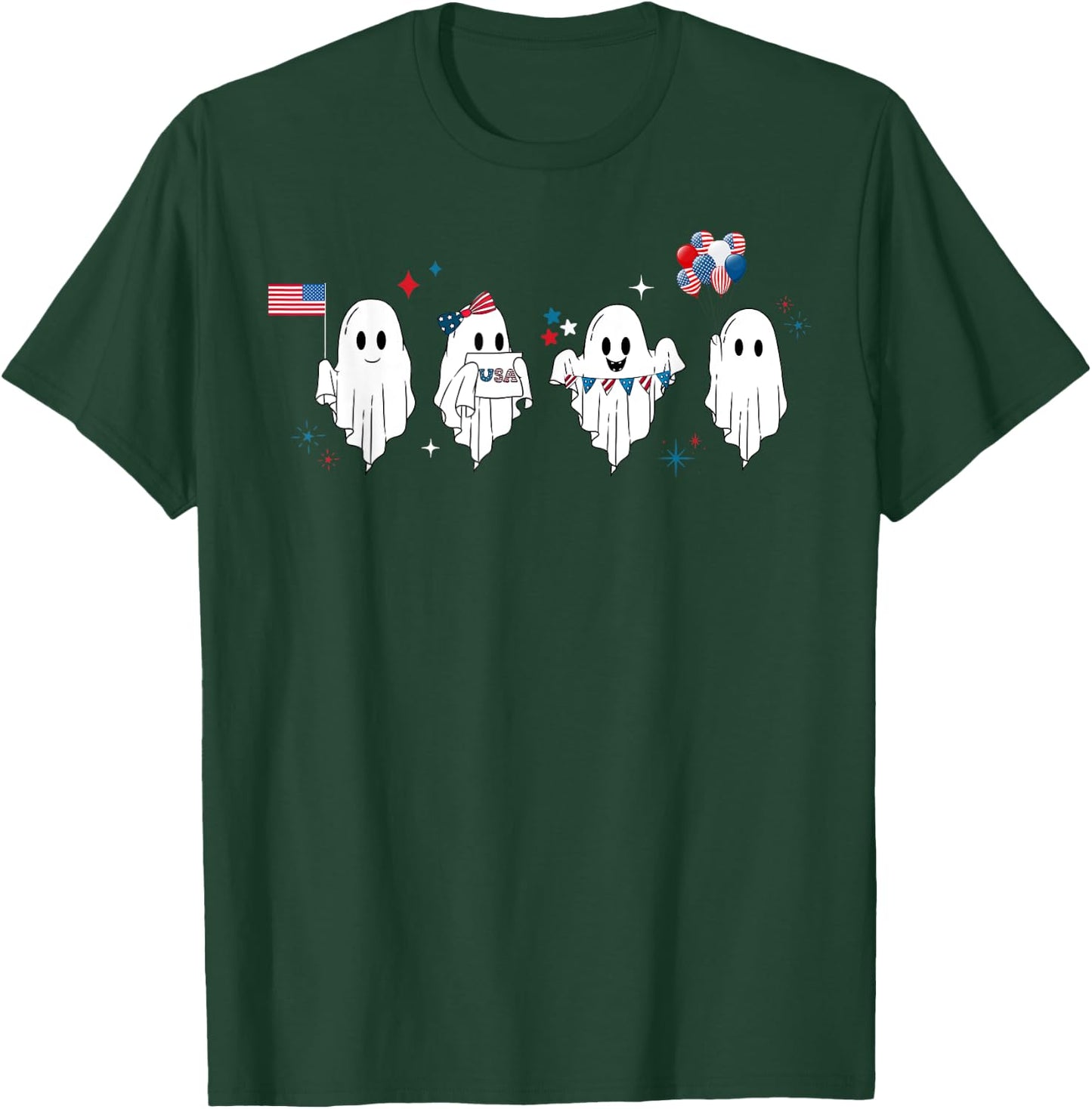 Cute Ghost American Flag Spooky Patriotic 4th Of July T-Shirt - T-Shirt | Forest