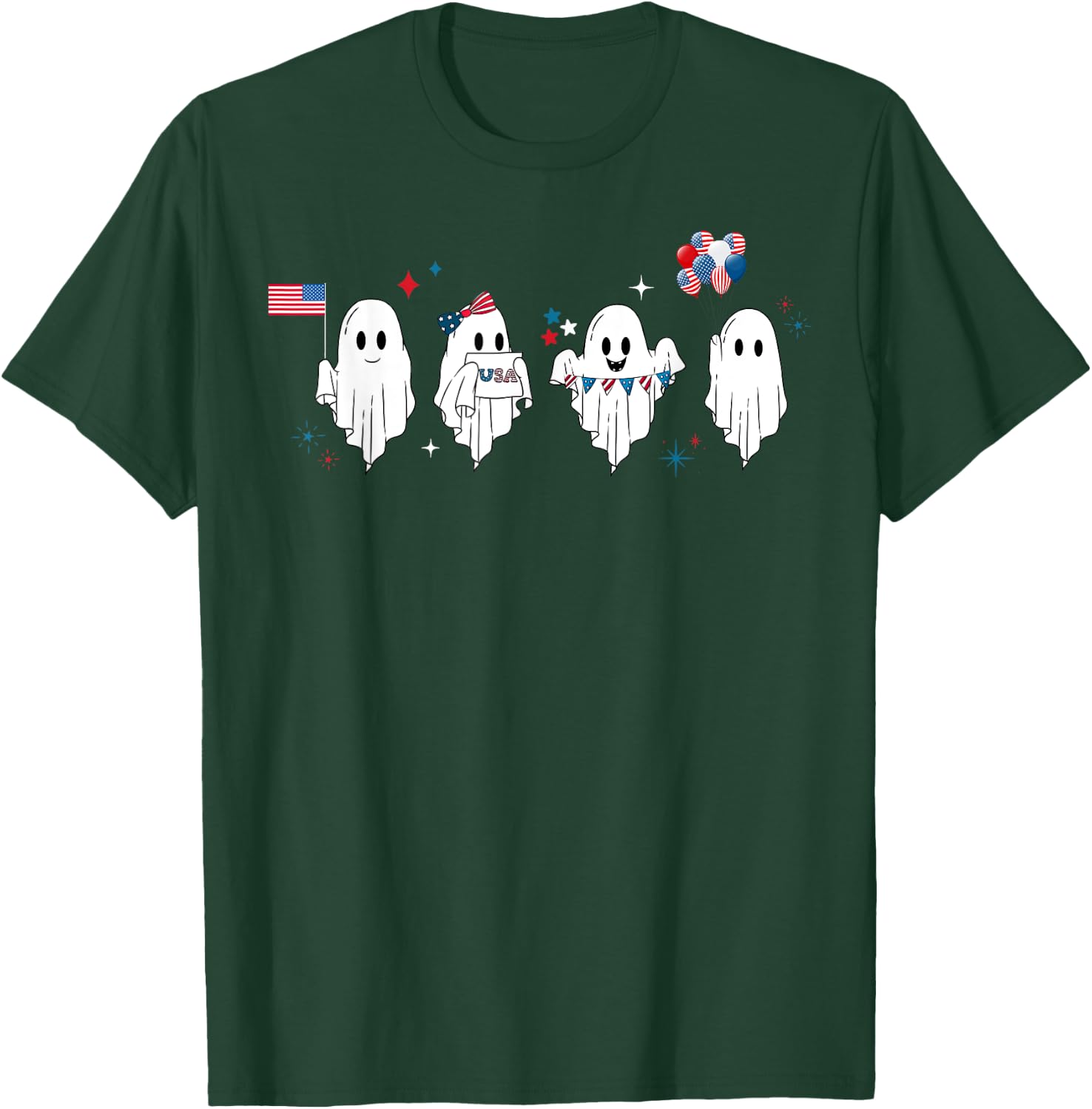 Cute Ghost American Flag Spooky Patriotic 4th Of July T-Shirt - T-Shirt | Forest