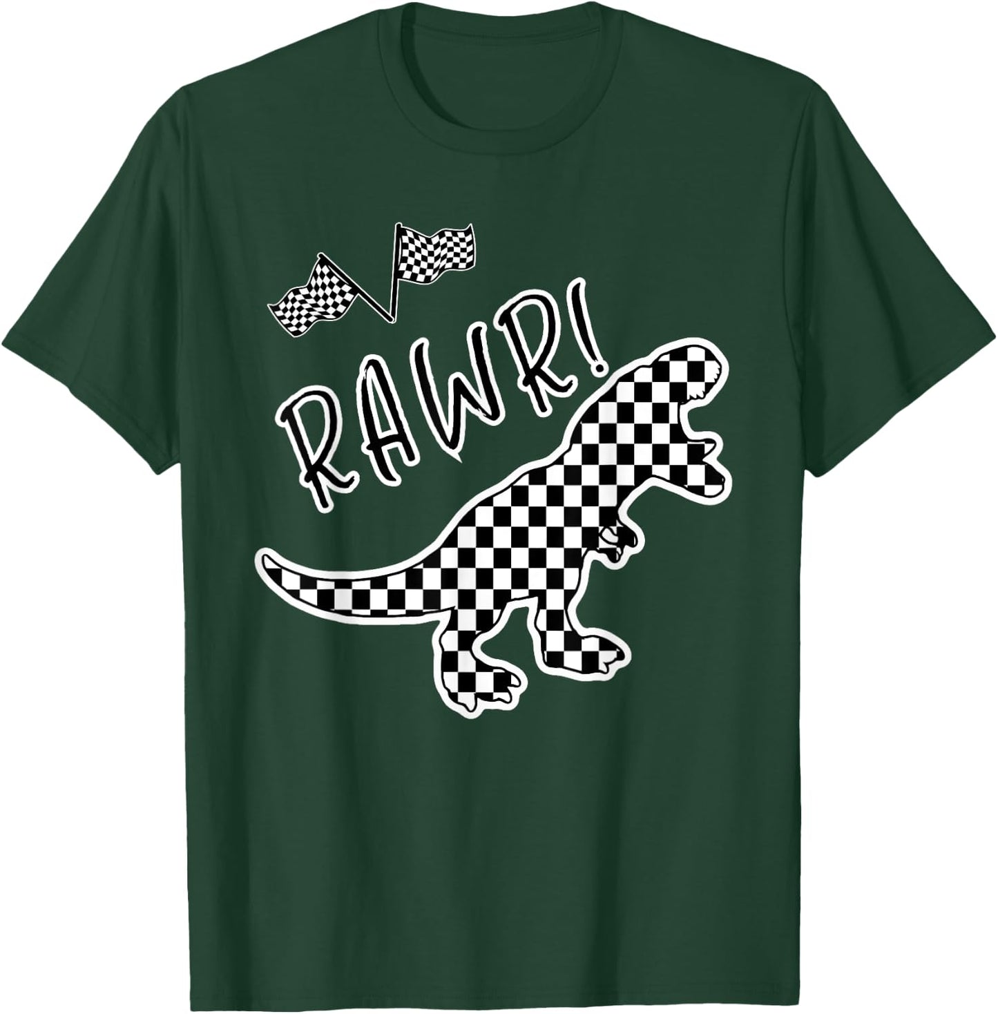 Checkered T-rex Dinosaur Race Car Gamer Boys Girls Toddler T-Shirt - T-Shirt | Forest