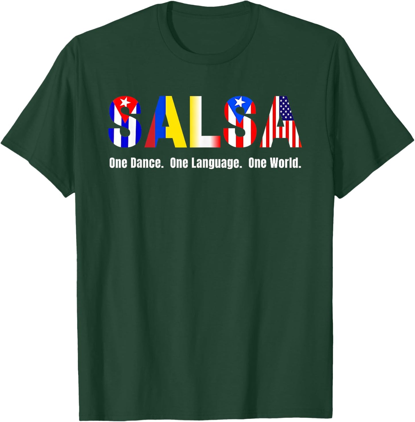 Salsa Styles & Flags Cuba Colombia Puerto Rico L.A. NY USA T-Shirt - T-Shirt | Forest