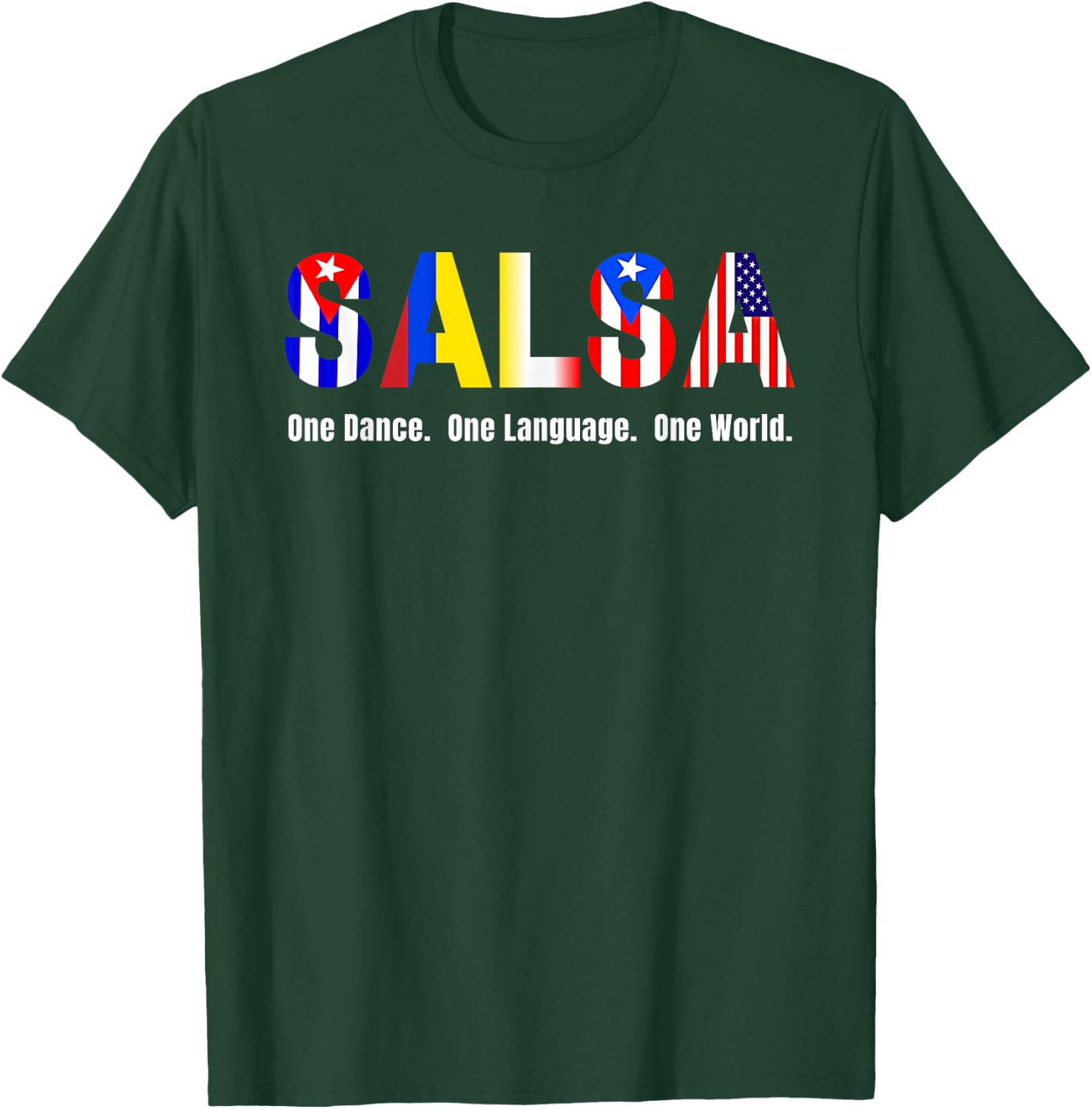 Salsa Styles & Flags Cuba Colombia Puerto Rico L.A. NY USA T-Shirt - T-Shirt | Forest