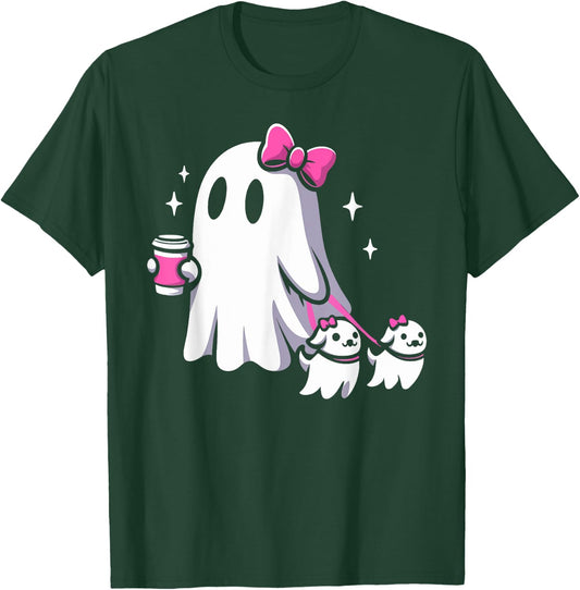 Halloween Cute Ghost Walking Dog Spooky Pink Coquette Ghost Men Women Girls Kids T-Shirt - T-Shirt | Forest