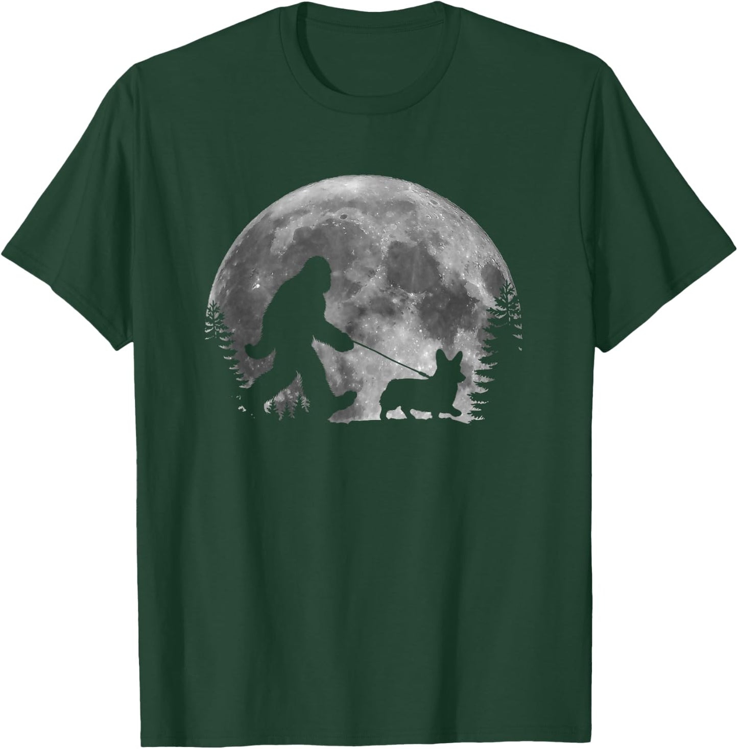 Bigfoot Walking a Dog Funny Corgi Lovers Moon Halloween T-Shirt - T-Shirt | Forest