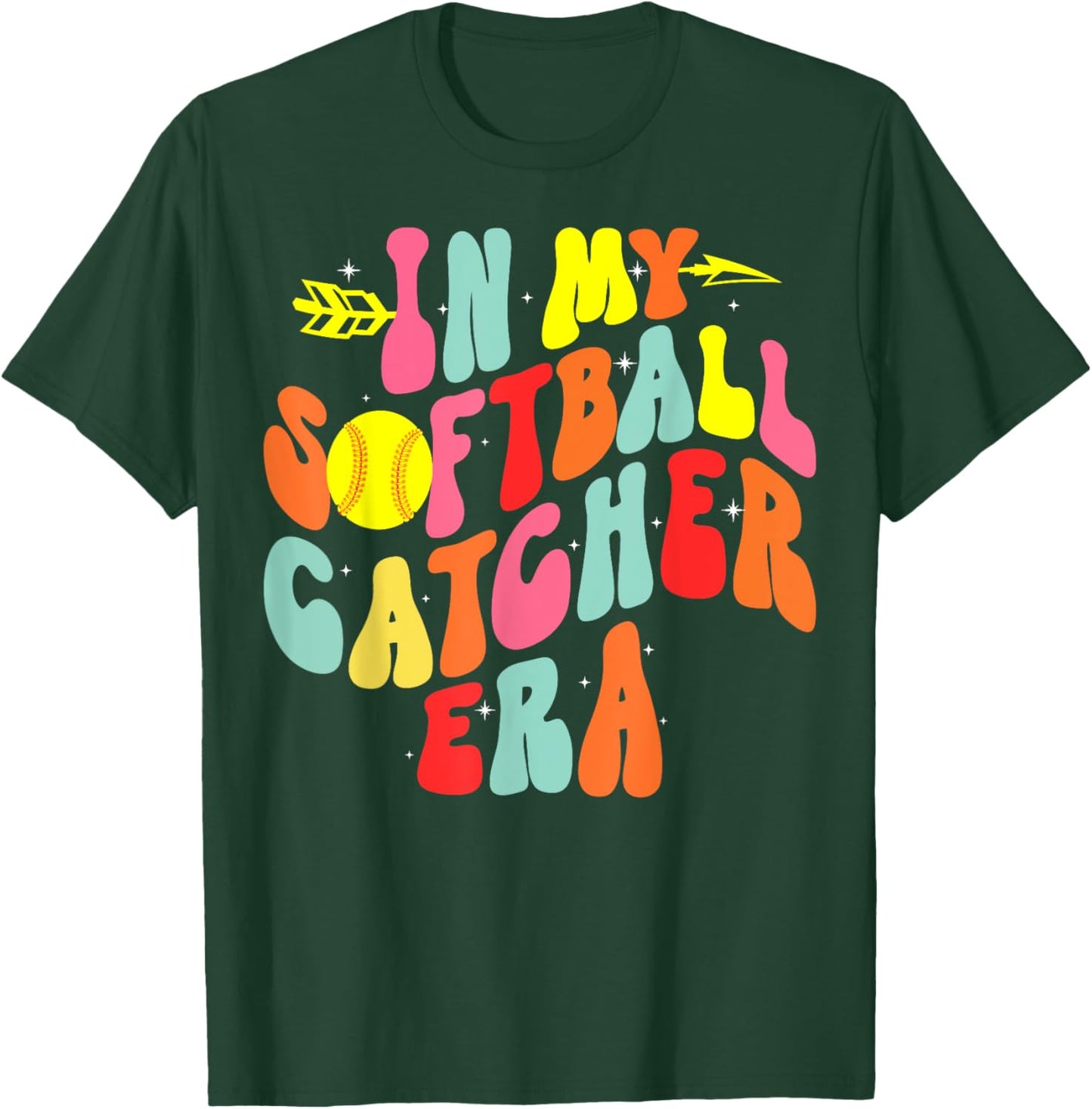 In My Softball Catcher Era Groovy Softball Player Game Day T-Shirt - T-Shirt | Forest