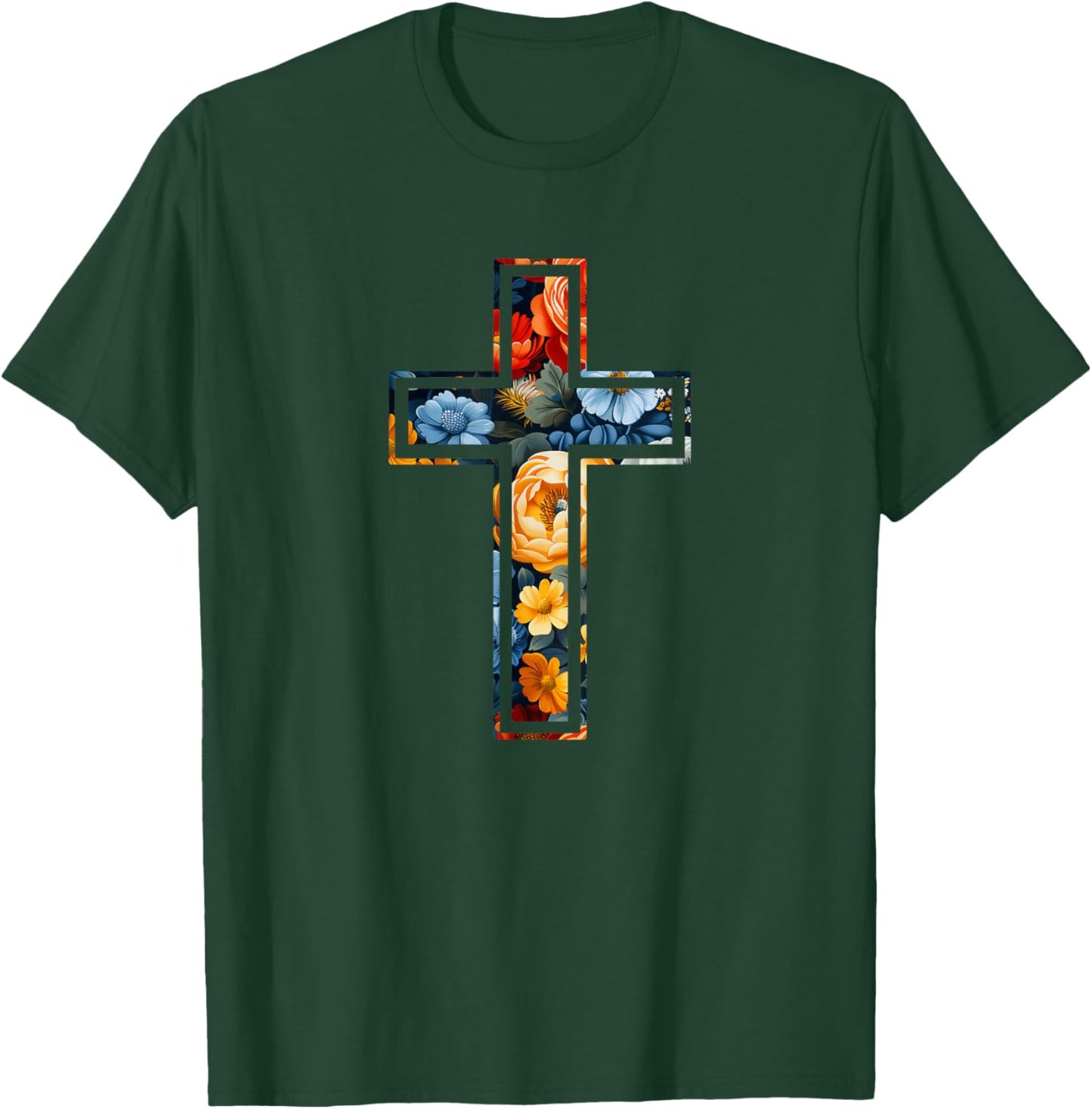 Elegant Silhouette Flowers Faith Floral Christian Cross T-Shirt - T-Shirt | Forest