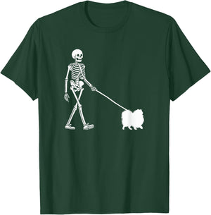 Skeleton Walking a Dog Pomeranian Halloween Outfit Women Kids T-Shirt - T-Shirt | Forest