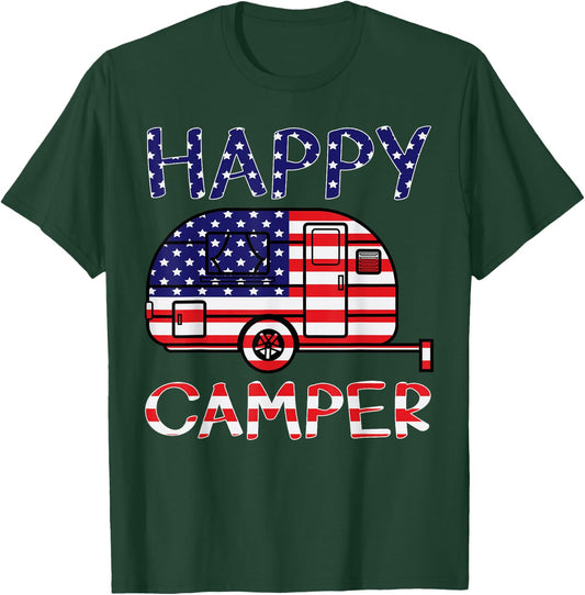 Happy Camper Retro Family Camping 4th of July American Pride T-Shirt - T-Shirt | Forest