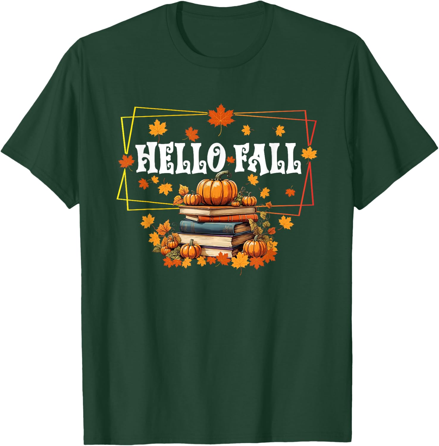 Hello Fall Gifts Pumpkin and Books Reading lovers in Autumn T-Shirt - T-Shirt | Forest